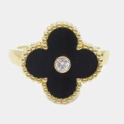 Van Cleef & Arpels Vintage Alhambra 18K Yellow Gold, Diamond, Onyx Ring EU 50.5