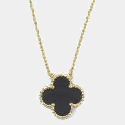 Van Cleef & Arpels 18K Yellow Gold Black Onyx Single Motif Vintage Alhambra Necklace