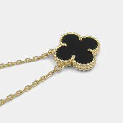 Van Cleef & Arpels 18K Yellow Gold Black Onyx Single Motif Vintage Alhambra Necklace