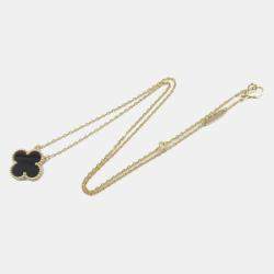 Van Cleef & Arpels 18K Yellow Gold Black Onyx Single Motif Vintage Alhambra Necklace