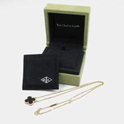 Van Cleef & Arpels 18K Yellow Gold Black Onyx Single Motif Vintage Alhambra Necklace