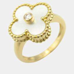 Van Cleef & Arpels Vintage Alhambra Yellow Gold, Diamond, Mother of Pearl Ring EU 54