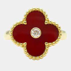 Van Cleef & Arpels Vintage Alhambra Yellow Gold, Diamond, Carnelian Ring EU 52