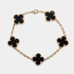 Van Cleef & Arpels Vintage Alhambra Onyx 5 Motif 18K Yellow Gold Bracelet