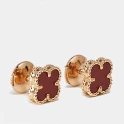 Pre Owned Van Cleef & Arpels Sweet Alhambra Carnelian 18k Rose Gold Stud Earrings