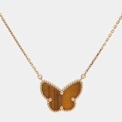 Van Cleef & Arpels Lucky Alhambra Tiger's Eye 18k Yellow Gold Necklace