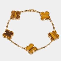 Van Cleef & Arpels Vintage Alhambra Tiger's Eye 18k Yellow Gold 5 Motif Station Bracelet