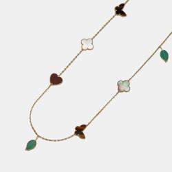 Pre Owned Van Cleef & Arpels Lucky Alhambra 18K Yellow Gold Mother of Pearl Malachite Carnelian Tiger Eye 12 Motif Bracelet
