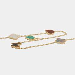 Pre Owned Van Cleef & Arpels Lucky Alhambra 18K Yellow Gold Mother of Pearl Malachite Carnelian Tiger Eye 12 Motif Bracelet