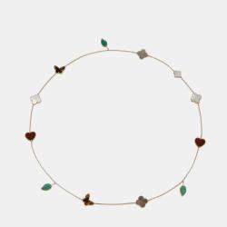 Pre Owned Van Cleef & Arpels Lucky Alhambra 18K Yellow Gold Mother of Pearl Malachite Carnelian Tiger Eye 12 Motif Bracelet