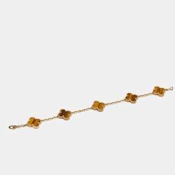 Pre Owned Van Cleef & Arpels Vintage Alhambra Tiger's Eye 18k Yellow Gold 5 Motif Station Bracelet