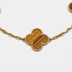 Pre Owned Van Cleef & Arpels Vintage Alhambra Tiger's Eye 18k Yellow Gold 5 Motif Station Bracelet