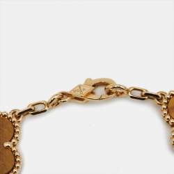 Pre Owned Van Cleef & Arpels Vintage Alhambra Tiger's Eye 18k Yellow Gold 5 Motif Station Bracelet