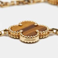 Pre Owned Van Cleef & Arpels Vintage Alhambra Tiger's Eye 18k Yellow Gold 5 Motif Station Bracelet