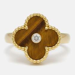 Pre Owned Van Cleef & Arpels Vintage Alhambra Tiger Eye Diamond 18k Yellow Gold Ring Size 51