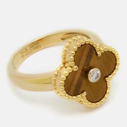 Pre Owned Van Cleef & Arpels Vintage Alhambra Tiger Eye Diamond 18k Yellow Gold Ring Size 51