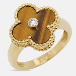 Pre Owned Van Cleef & Arpels Vintage Alhambra Tiger Eye Diamond 18k Yellow Gold Ring Size 51