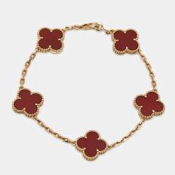 Pre Owned Van Cleef & Arpels Vintage Alhambra Carnelian 18k Yellow Gold 5 Motif Station Bracelet