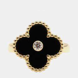 Pre Owned Van Cleef & Arpels Vintage Alhambra 18K Yellow Gold, Diamond, Onyx Ring EU 50