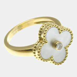 Pre Owned Van Cleef & Arpels Vintage Alhambra 18K Yellow Gold, Diamond, Mother of Pearl Ring EU 51