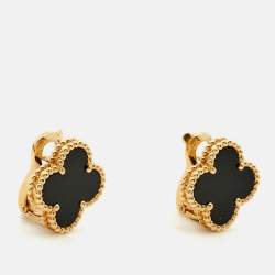 Pre Owned Van Cleef & Arpels Vintage Alhambra Onyx 18k Yellow Gold Earrings
