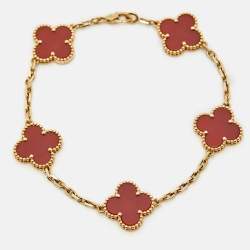 Pre Owned Van Cleef & Arpels Vintage Alhambra Carnelian 18k Yellow Gold 5 Motif Station Bracelet