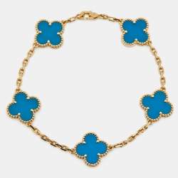 Pre Owned Van Cleef & Arpels Vintage Alhambra Agate 18k Yellow Gold 5 Motif Station Bracelet