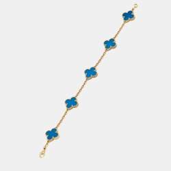 Pre Owned Van Cleef & Arpels Vintage Alhambra Agate 18k Yellow Gold 5 Motif Station Bracelet