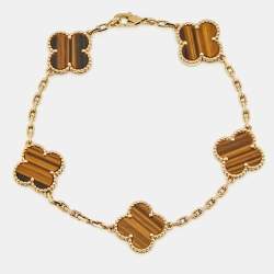 Pre Owned Van Cleef & Arpels Vintage Alhambra Tiger's Eye 18k Yellow Gold 5 Motif Station Bracelet