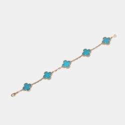 Pre Owned Van Cleef & Arpels Vintage Alhambra Agate 18k Yellow Gold 5 Motif Station Bracelet