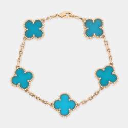 Pre Owned Van Cleef & Arpels Vintage Alhambra Agate 18k Yellow Gold 5 Motif Station Bracelet