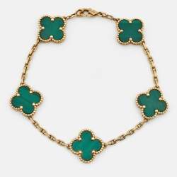 Pre Owned Van Cleef & Arpels Vintage Alhambra Malachite 18k Yellow Gold 5 Motif Station Bracelet