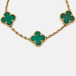 Pre Owned Van Cleef & Arpels Vintage Alhambra Malachite 18k Yellow Gold 5 Motif Station Bracelet