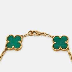 Pre Owned Van Cleef & Arpels Vintage Alhambra Malachite 18k Yellow Gold 5 Motif Station Bracelet