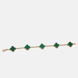 Pre Owned Van Cleef & Arpels Vintage Alhambra Malachite 18k Yellow Gold 5 Motif Station Bracelet