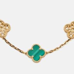 Pre Owned Van Cleef & Arpels Vintage Alhambra Malachite Diamond 18k Yellow Gold 5 Motif Station Bracelet