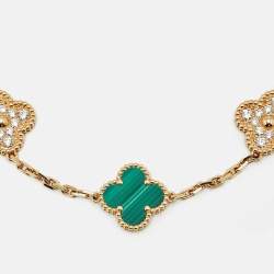 Pre Owned Van Cleef & Arpels Vintage Alhambra Malachite Diamond 18k Yellow Gold 5 Motif Station Bracelet