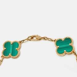 Pre Owned Van Cleef & Arpels Vintage Alhambra Malachite Diamond 18k Yellow Gold 5 Motif Station Bracelet