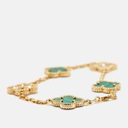 Pre Owned Van Cleef & Arpels Vintage Alhambra Malachite Diamond 18k Yellow Gold 5 Motif Station Bracelet