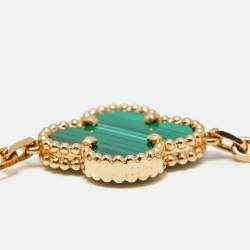 Pre Owned Van Cleef & Arpels Vintage Alhambra Malachite Diamond 18k Yellow Gold 5 Motif Station Bracelet