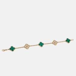 Pre Owned Van Cleef & Arpels Vintage Alhambra Malachite Diamond 18k Yellow Gold 5 Motif Station Bracelet