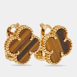 Pre Owned Van Cleef & Arpels Alhambra Tiger's Eye 18k Yellow Gold Earrings