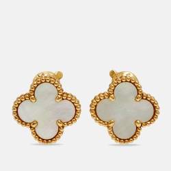 Pre Owned Van Cleef & Arpels Vintage Alhambra Mother of Pearl 18k Yellow Gold Earrings
