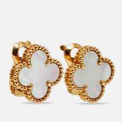 Pre Owned Van Cleef & Arpels Vintage Alhambra Mother of Pearl 18k Yellow Gold Earrings