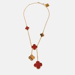 Pre Owned Van Cleef & Arpels Magic Alhambra Carnelian Tiger's Eye 18k Yellow Gold Necklace