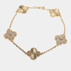 Pre Owned Van Cleef & Arpels Vintage Alhambra 18K Yellow Gold Diamonds 5 Motif Bracelet