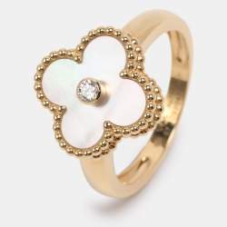 Pre Owned Van Cleef & Arpels Vintage Alhambra Diamond Mother of Pearl 18K Yellow Gold Ring Size 57
