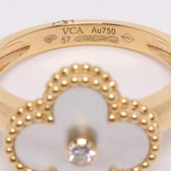 Pre Owned Van Cleef & Arpels Vintage Alhambra Diamond Mother of Pearl 18K Yellow Gold Ring Size 57