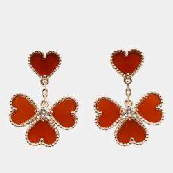 Pre Owned Van Cleef & Arpels Sweet Alhambra Effeuillage 18K Rose Gold Carnelian Earrings