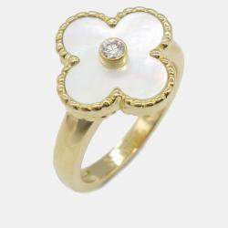 Pre Owned Van Cleef & Arpels Vintage Alhambra 18K Yellow Gold, Diamond, Mother of Pearl Ring EU 49